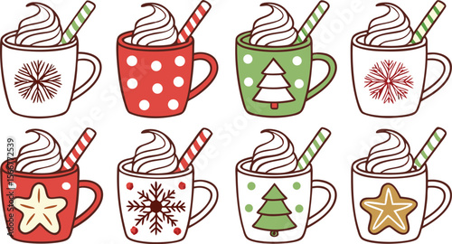 Christmas hot chocolate, cocoa mug, coffee cup, coffee, latte and tea. Beverage cozy set isolated on white background. New Year drink, winter dessert, holiday sweet menu. Cartoon festive vector File.