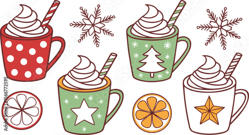 Christmas hot chocolate, cocoa mug, coffee cup, coffee, latte and tea. Beverage cozy set isolated on white background. New Year drink, winter dessert, holiday sweet menu. Cartoon festive vector File.
