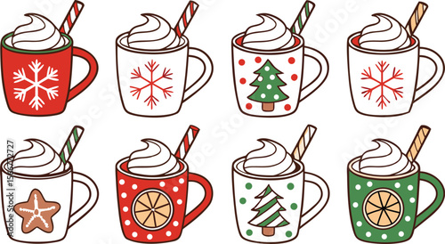 Christmas hot chocolate, cocoa mug, coffee cup, coffee, latte and tea. Beverage cozy set isolated on white background. New Year drink, winter dessert, holiday sweet menu. Cartoon festive vector File.