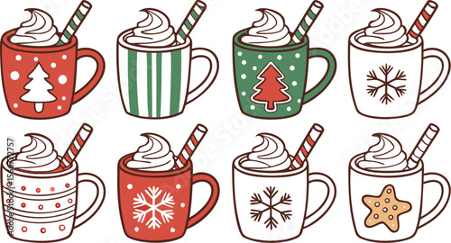 Christmas hot chocolate, cocoa mug, coffee cup, coffee, latte and tea. Beverage cozy set isolated on white background. New Year drink, winter dessert, holiday sweet menu. Cartoon festive vector File.