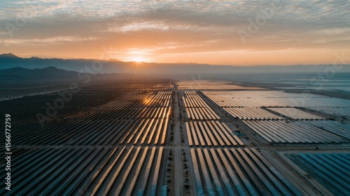 Wallpaper Mural A drones aerial view of a massive solar farm in the desert, highlighting the scale and efficiency of harnessing solar power in remote, sunny locations for large-scale energy production. Torontodigital.ca