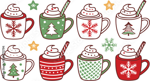 Christmas hot chocolate, cocoa mug, coffee cup, coffee, latte and tea. Beverage cozy set isolated on white background. New Year drink, winter dessert, holiday sweet menu. Cartoon festive vector File.
