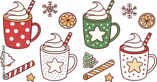 Christmas hot chocolate, cocoa mug, coffee cup, coffee, latte and tea. Beverage cozy set isolated on white background. New Year drink, winter dessert, holiday sweet menu. Cartoon festive vector File.