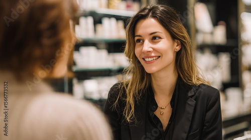 A woman in a black jacket is smiling at a woman in a white shirt