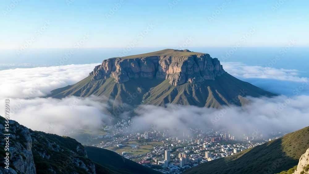 4K Aerial View of Table Mountain with Rolling Low Clouds – Cape Town, South Africa