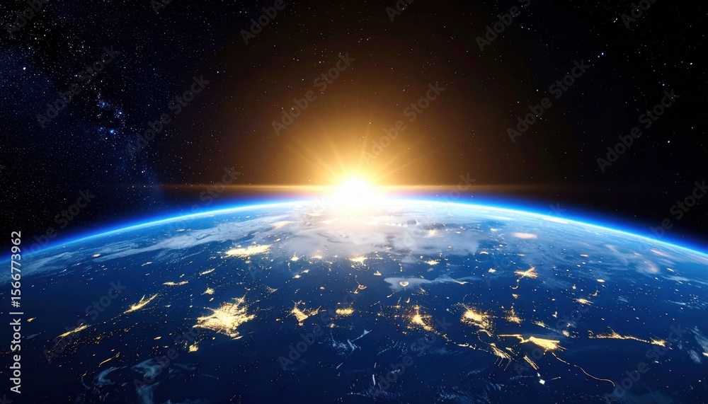 Obraz premium Earth from space, sun rising over the horizon, bright and vibrant