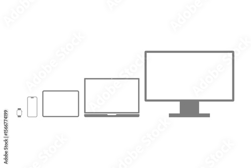 Device icons set. Symbols of smart watches, smart phones, tablets, laptops and desktop computers. Collection of digital devices. Vector illustration on transparent background