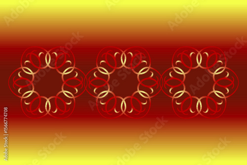 Hot greeting card design with round floral elements in the center. Bright red ethnic ornament. Red golden gradient. Positive energy of the sun. Summer vector illustration