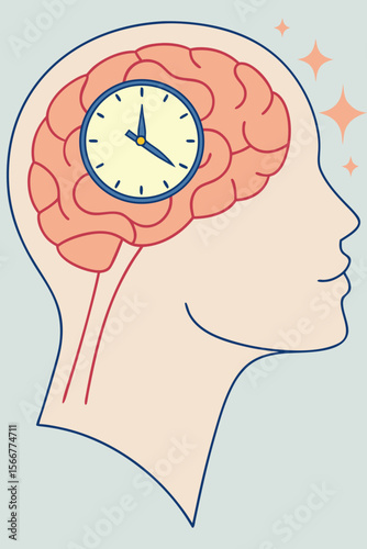 Conceptual brain model with a clock symbolizing sleep cycles, circadian rhythms, and mental wellness for health campaigns.