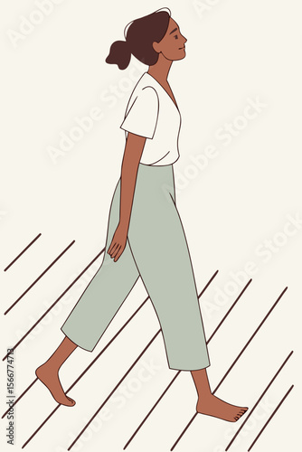 Barefoot woman walking on white wood flooring, promoting wellness, foot care, and minimalist lifestyle with comfort in focus.