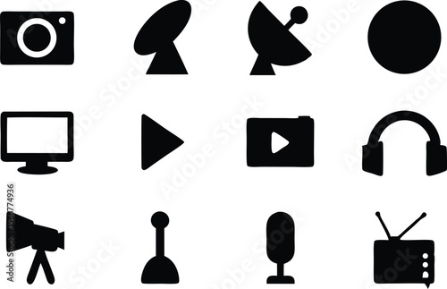 Set of communication technology icons including TV, radio, and camera