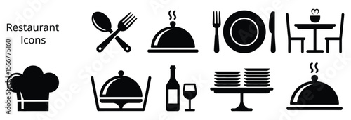 restaurant icon set with chef hat, cutlery, cloche, wine bottle, plates, and dining table for menu, food service, and culinary design