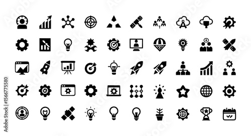 Startup and Development Icon Set – Editable Stroke Vector Icons of Innovation, Business Launch, Idea, Growth, Strategy, Funding, Planning, Teamwork, and More – Line Style Entrepreneurship and Tech Dev