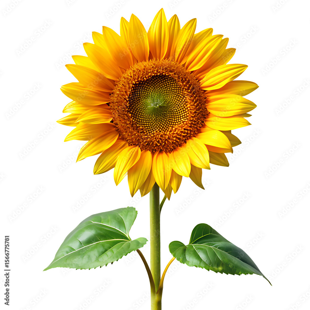 Fototapeta premium Bright yellow sunflower with green leaves isolated on a transparent background orange nature