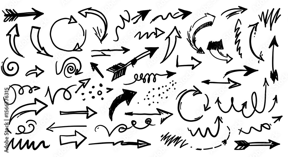 Fototapeta premium Set of Doodle Arrows: Hand-Drawn Direction Icons & Abstract Navigation Elements