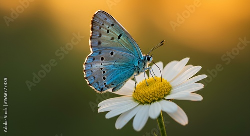 Stunning Blue Butterfly on a Daisy, Golden Hour Light
