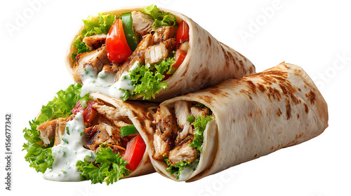 Delicious chicken shawarma wraps are stacked with lettuce, tomatoes, and creamy white sauce, ready to be enjoyed for a quick lunch, transparent background