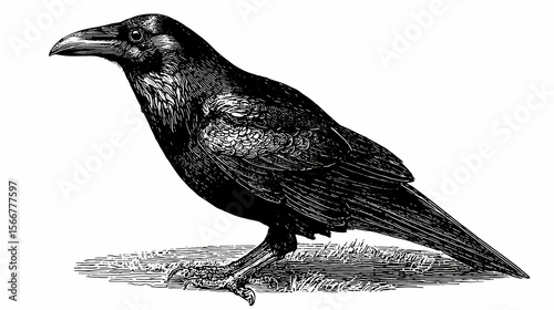 fractured iconography. | sharp edge masking | mid-century advertising | brutalist graphics | Black and white vintage engraved art of a raven in a circular stamp logo style, isolated on white