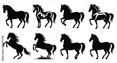 Set of eight black horse silhouettes in various poses depicting grace, motion, and power—ideal for equestrian and nature-themed designs