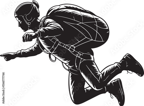 Skydiver in Freefall Silhouette

Parachuting Adventure Vector Art

Extreme Skydiving Action Illustration

High Altitude Parachute Jump Silhouette

Adrenaline Rush Skydiver Design