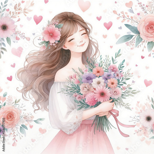 Romantic watercolor illustration of a joyful young woman holding a flower bouquet with hearts and floral accents for greeting cards, feminine branding, and love-themed designs