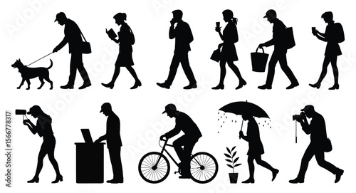 Silhouettes of people performing various daily activities including walking, reading, cycling, and working, depicting urban lifestyle diversity
