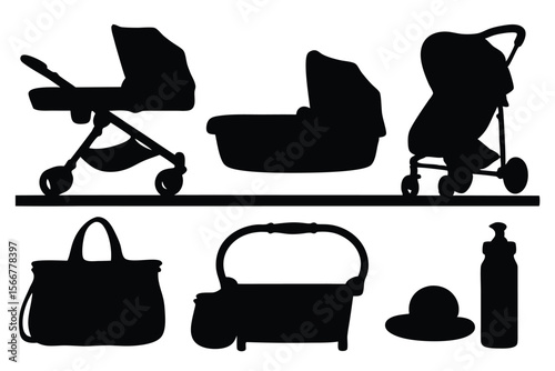 Collection of baby strollers, bags, and bottles in silhouette style