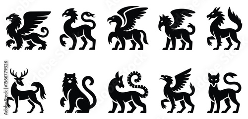 Set of black vector silhouettes of mythical fantasy creatures including griffins, dragons, chimeras, and other legendary beasts