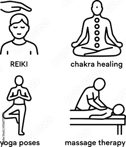 Holistic Wellness Icons: A curated set of minimalist icons representing various wellness practices including reiki, chakra healing, yoga, and massage therapy. 