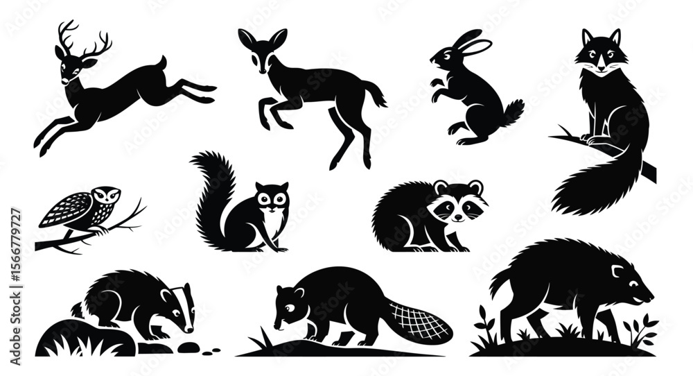 Fototapeta premium Black and white forest animal silhouettes including deer, rabbit, raccoon, owl, squirrel and more in detailed vector illustration
