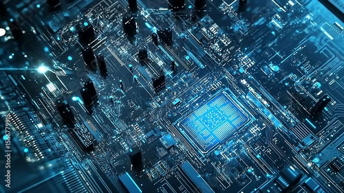 Wallpaper Mural Abstract Digital Circuitry: A Glowing Blue Microchip Torontodigital.ca