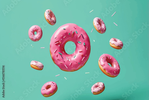 Pink Glazed Donuts with Sprinkles Levitating Against a Mint Green Background