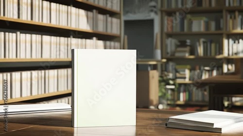 Blank hardcover book positioned vertically on rustic wooden surface surrounded by library shelves, ready for mockup presentation