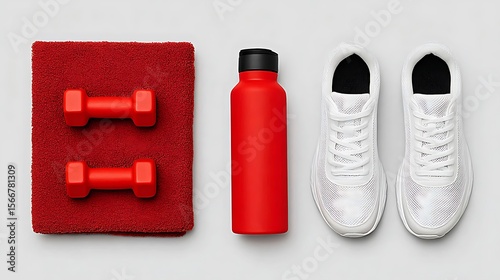 Workout essentials on a plain background include two red dumbbells on a towel a water bottle and sneakers.