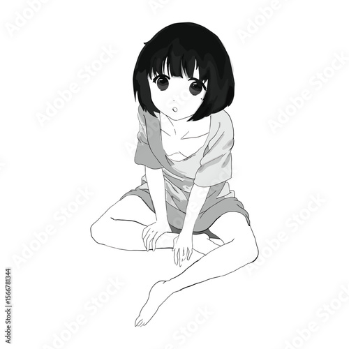 kawaii girl short hair black and white handdrawn cute pose