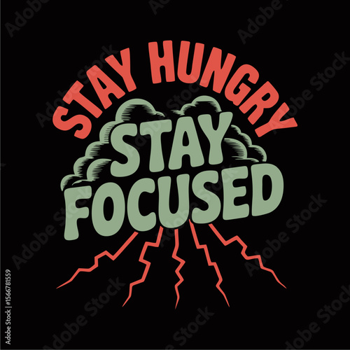 Bold graphic design with motivational text, clouds, and lightning bolts.