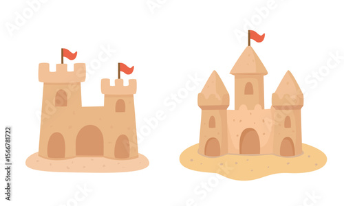 Sand castle or sandcastle vector set. Hello summer element in flat cartoon style isolated on white.