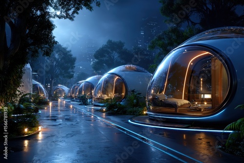 Modern futuristic pods illuminated at night along a serene pathway in a lush urban setting