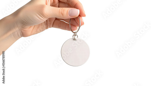 Blank round keychain held by hand with natural nails on transparency background