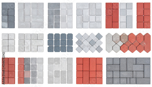 Concrete tile pattern set with various shapes and colors for creative outdoor flooring design