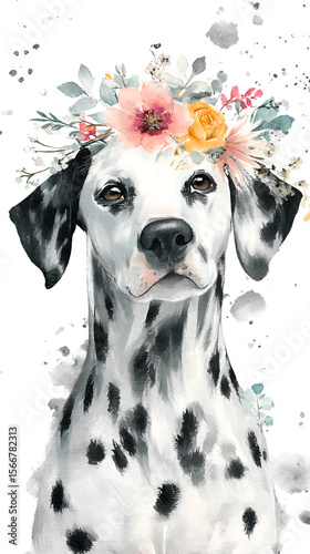 Dalmatian dog watercolor art with floral crown
