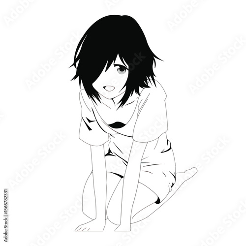 Handrawn kawaii girl balck and white with tshirt only