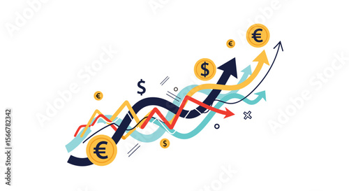 Financial growth chart with currency symbols and upward trending arrows illustrating investment returns and market performance