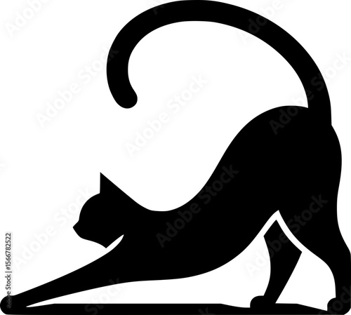 Stretching cat side view in clean flat vector, curved back, tail raised
