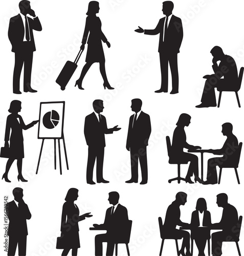 Business professionals in various meeting scenarios
