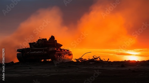 Tank Carcass Silhouette in Fiery Battlefield Sunset