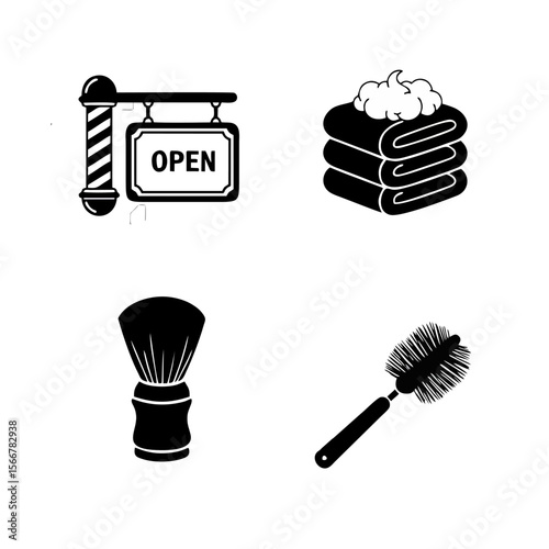 Barber Shop Essentials Icons: Vintage Pole, Open Sign, Shaving Brush & Towels Set