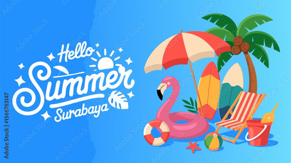 Naklejka premium Flamingo pool float brightens a summer scene with beach chair surfboards, suitable for summer vacation and beachthemed designs.