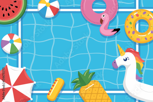 Flamingo pool float and colorful inflatables in a blue pool; ideal for summerthemed designs, pool party invitations, and vacation advertisements.
