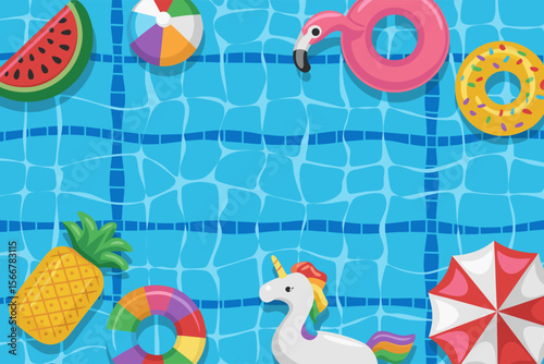 Flamingo pool float and colorful inflatables in a blue pool; ideal for summerthemed designs, pool party invitations, and vacation advertisements.